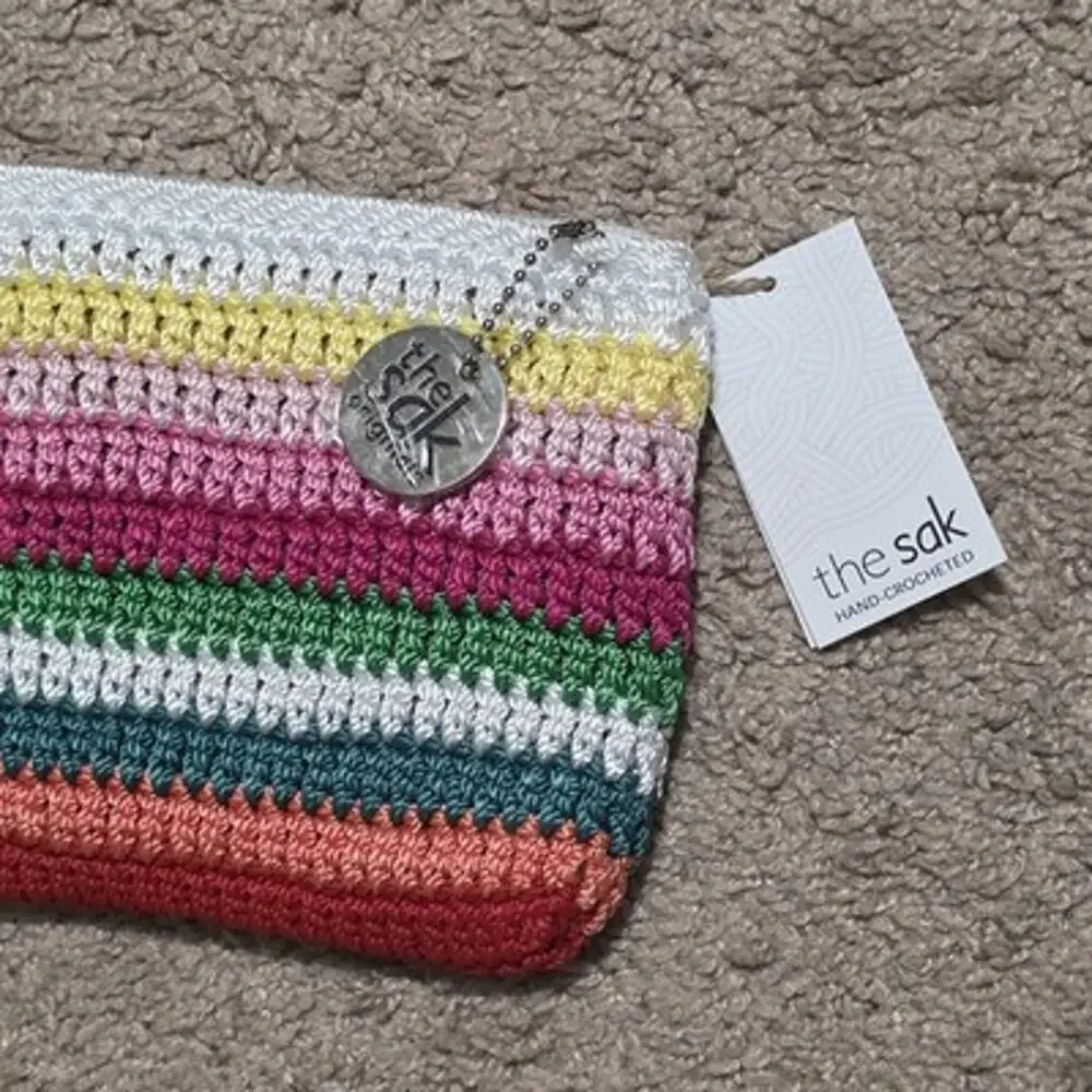 The Sak Crochet Craze Wristlet Clutch Multicolor Stripe Beach Coastal Boho NEW
